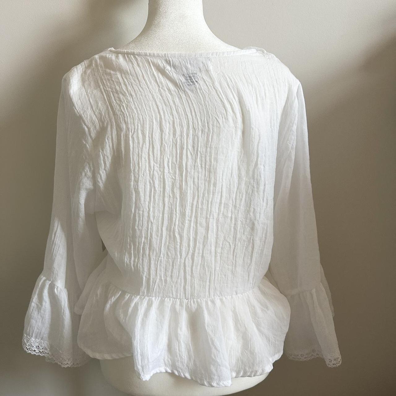 white lace ruffle blouse with buttons, flared... - Depop