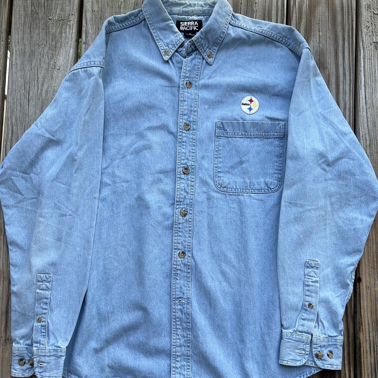 Steelers Logo Denim Button Up Size Medium Fair - Depop