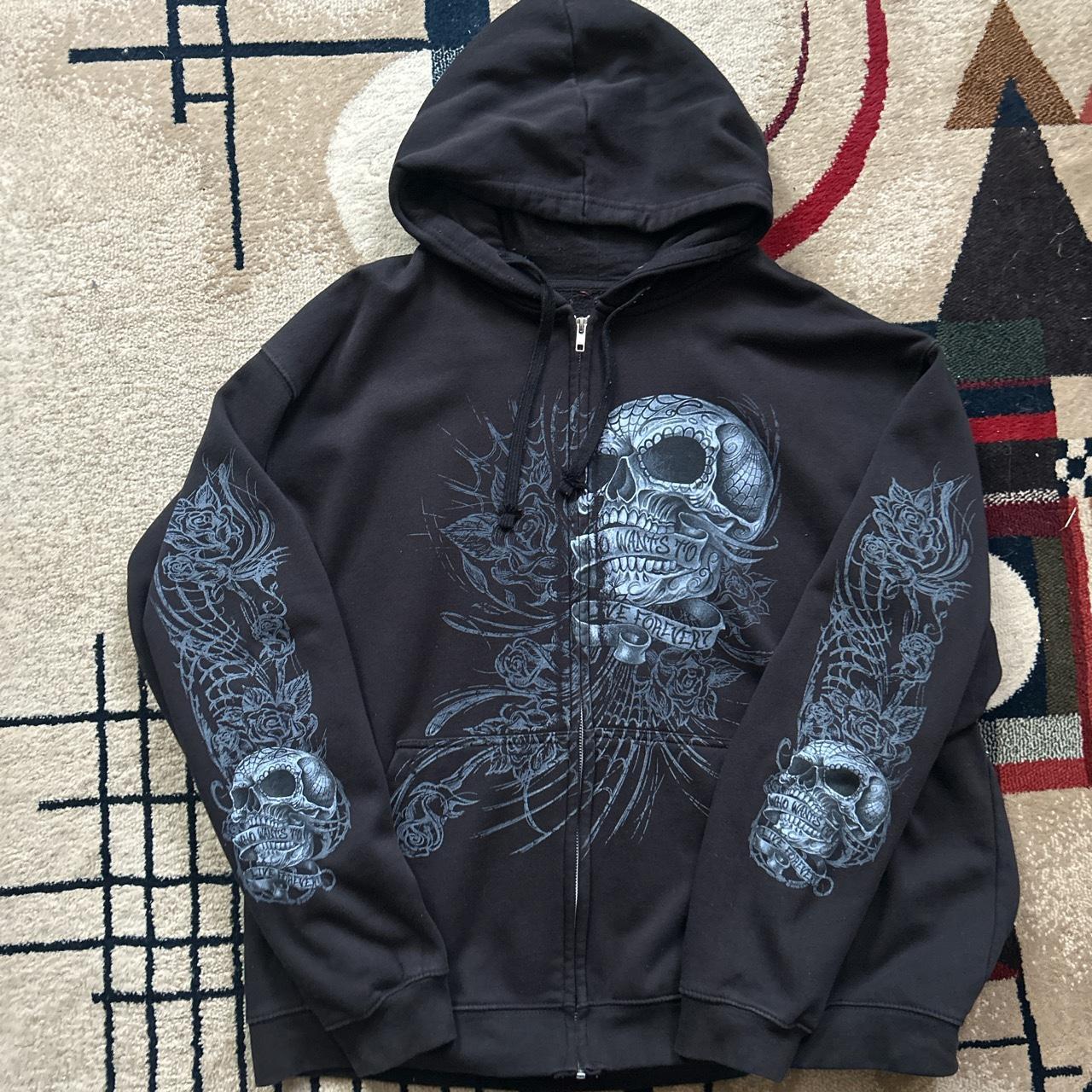 Affliction type skull hoodie Zip up similar to mma... - Depop