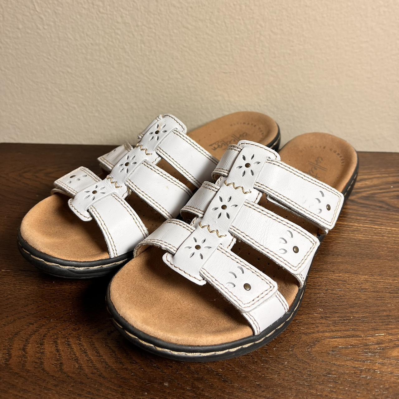 white strappy velcro clark sandals super comfy... Depop