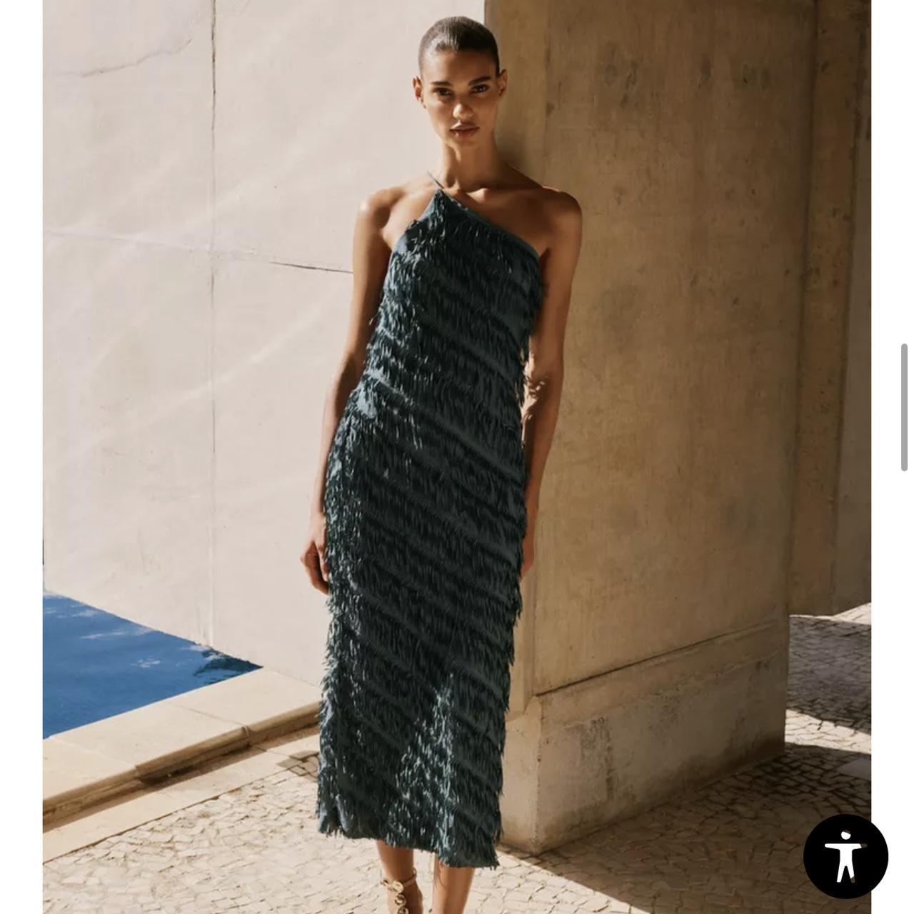 Zara Women's Dress - Green/Blue - M – Zara - FRINGE MIDI DRESS Brand: Zara …