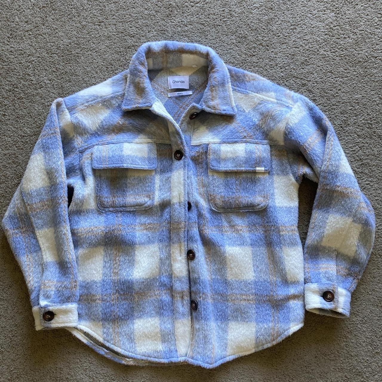 Ghanda blue/cream/brown check shacket. Size... - Depop