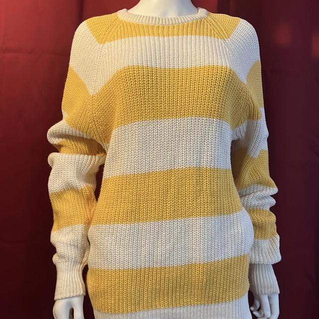 Yellow and white striped oversized knit sweater. So - Depop