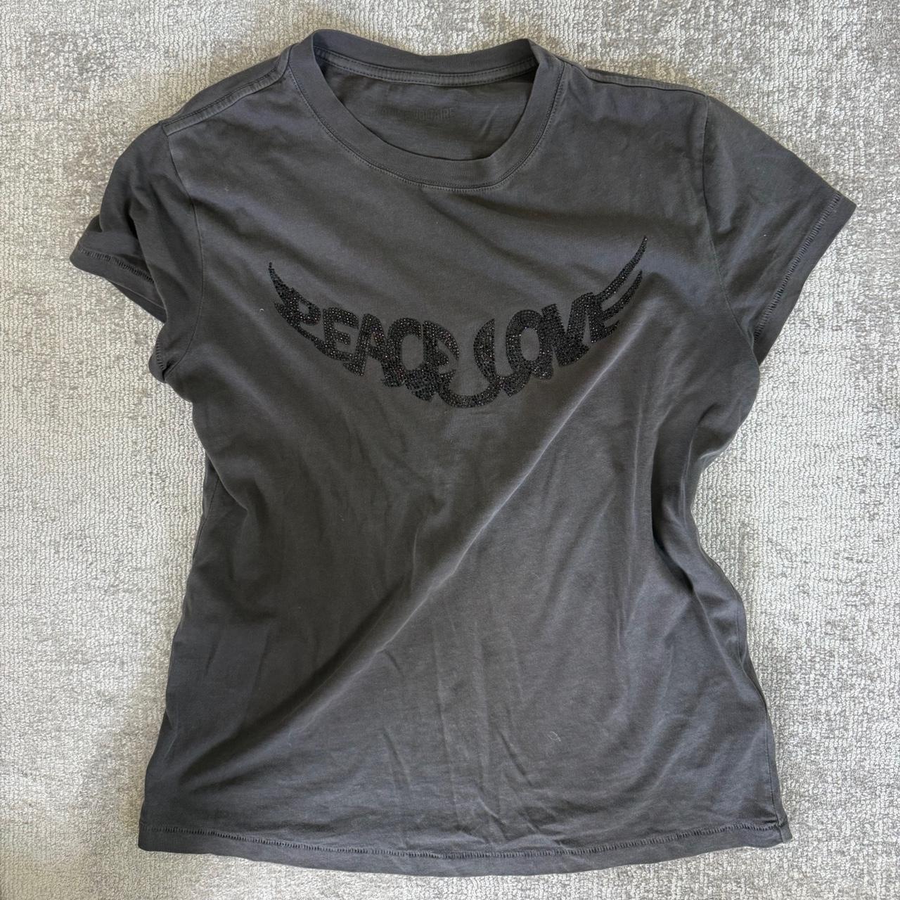 Zadig & Voltaire Women's T-shirt - Grey/Black - XS – Zadig and Voltaire Grey Peace Love graphic …
