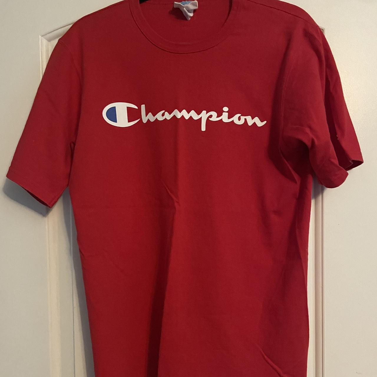 Red champion logo tee - Depop