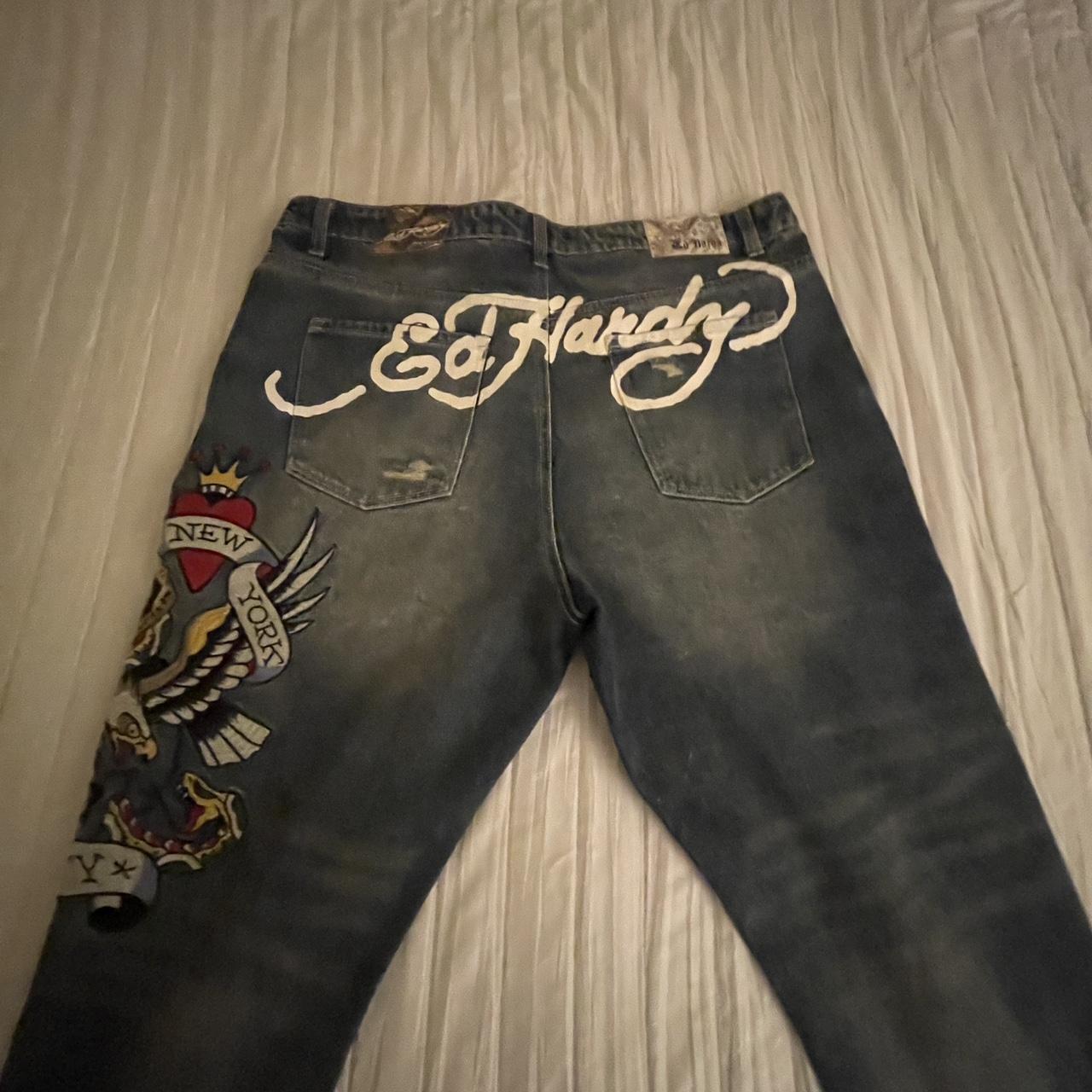 Ed Hardy Men's Navy and White Trousers | Depop