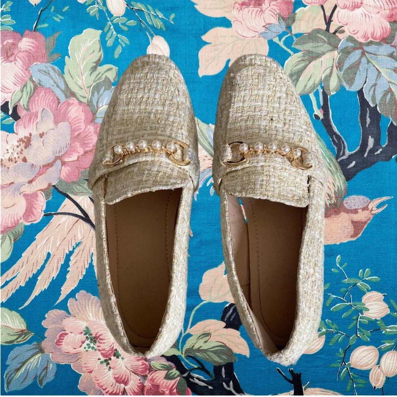Tweed Flat/loafers with a faux Pearl gold decor... Depop