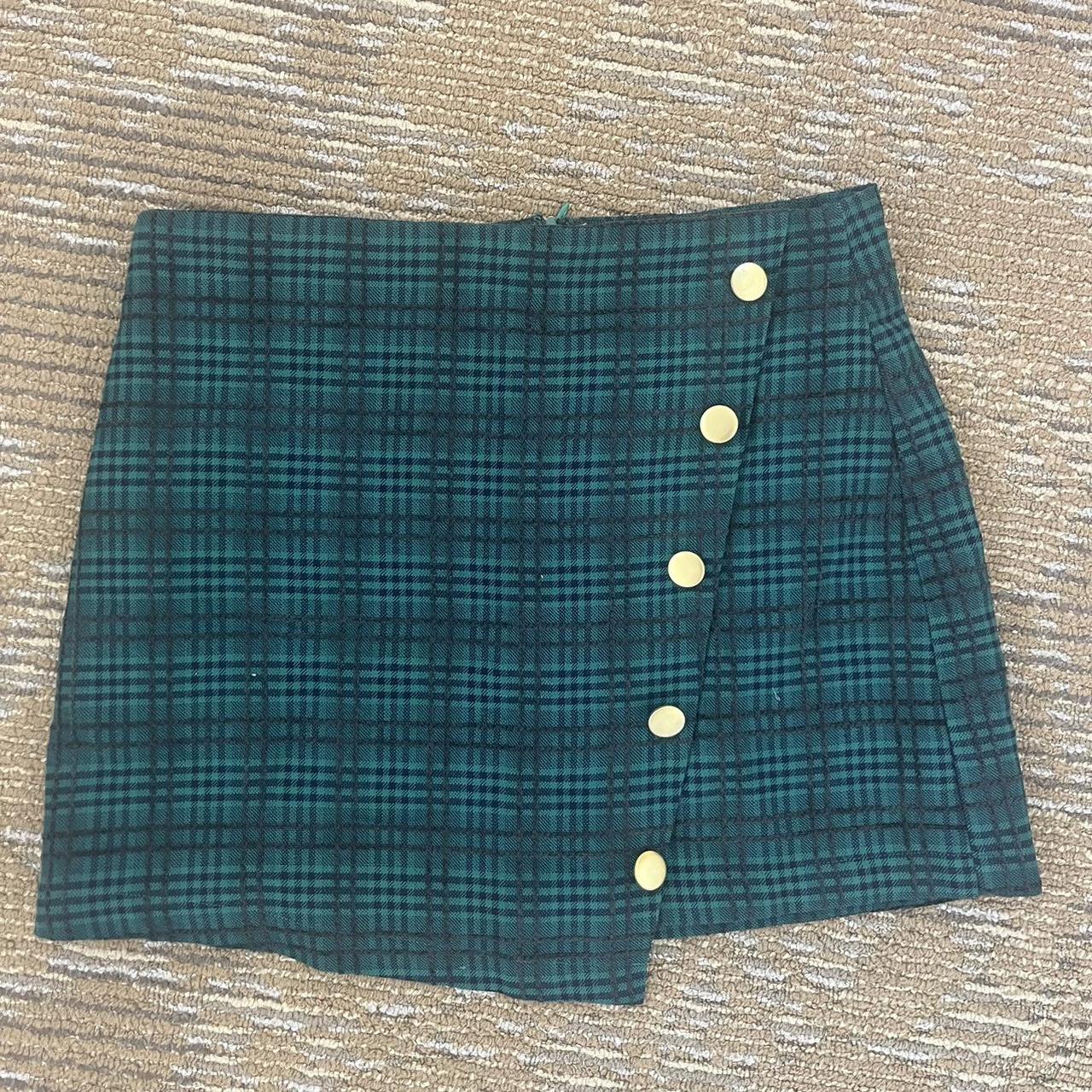 green plaid asymmetrical mini skirt plaid green