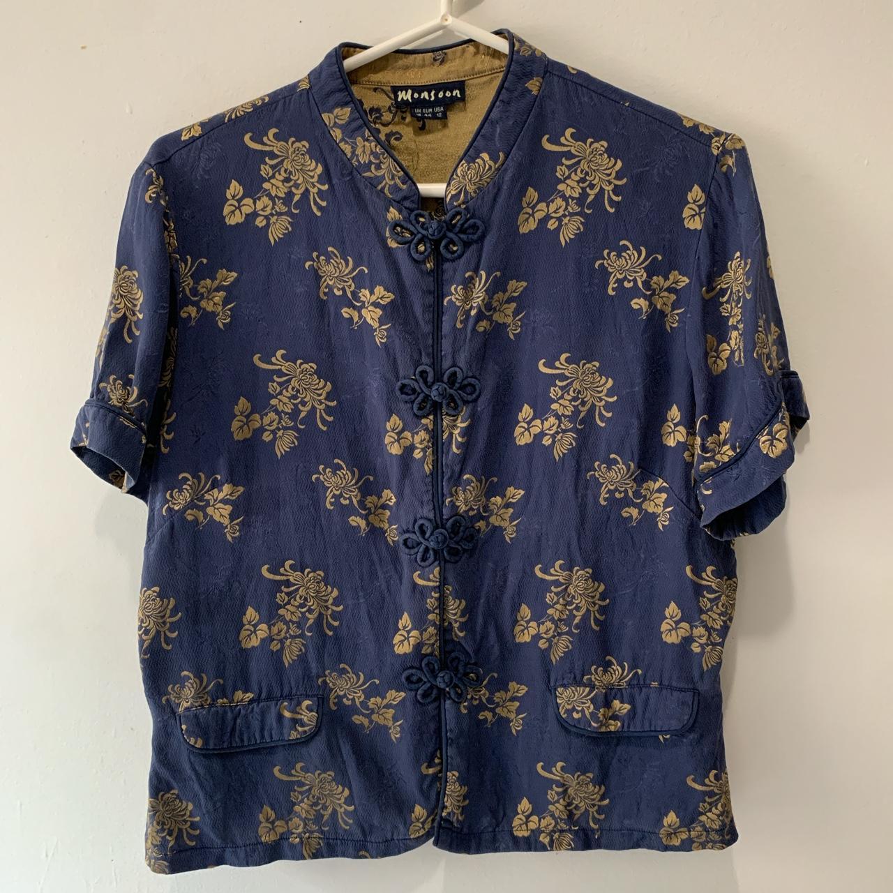 Monsoon Women's Navy and Gold Blouse | Depop