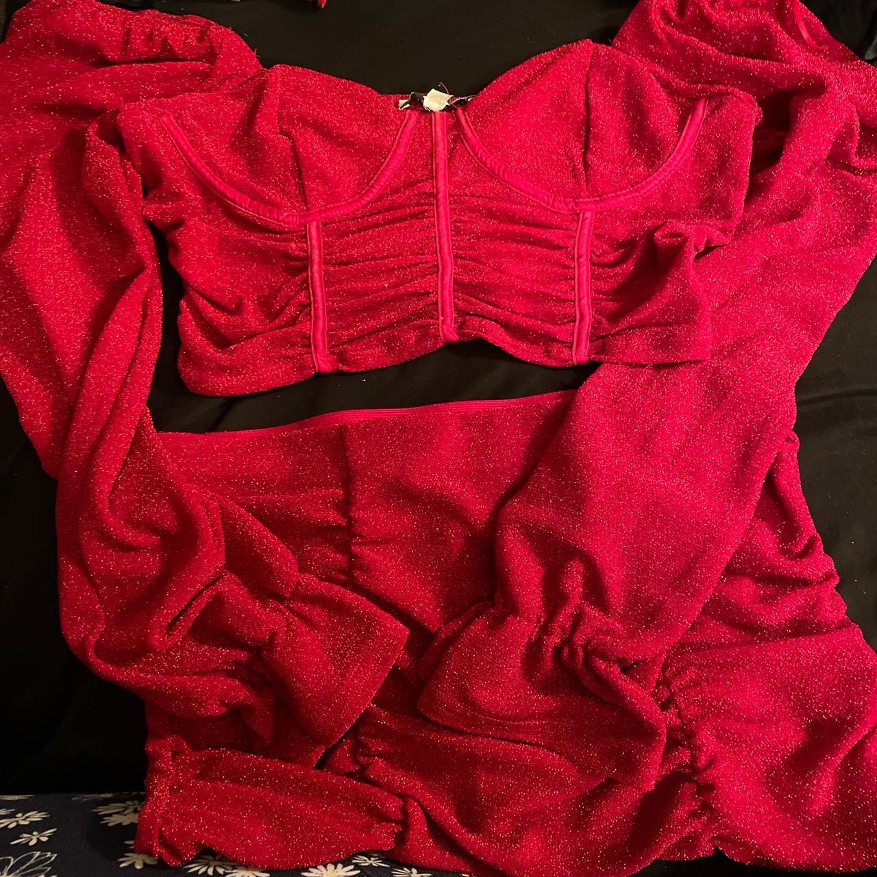 2 pice outfit red shiny skirt and red shiny crop top Depop