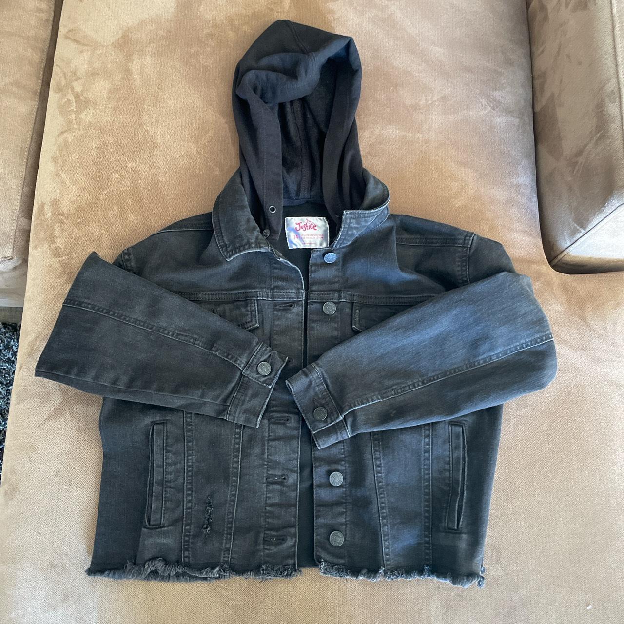 black jean jacket with soft hood fits most like xs... Depop