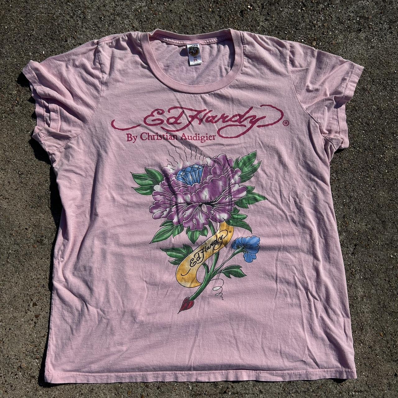 Y2k Ed Hardy Flower Prink Women’s 2XL Shirt - Depop