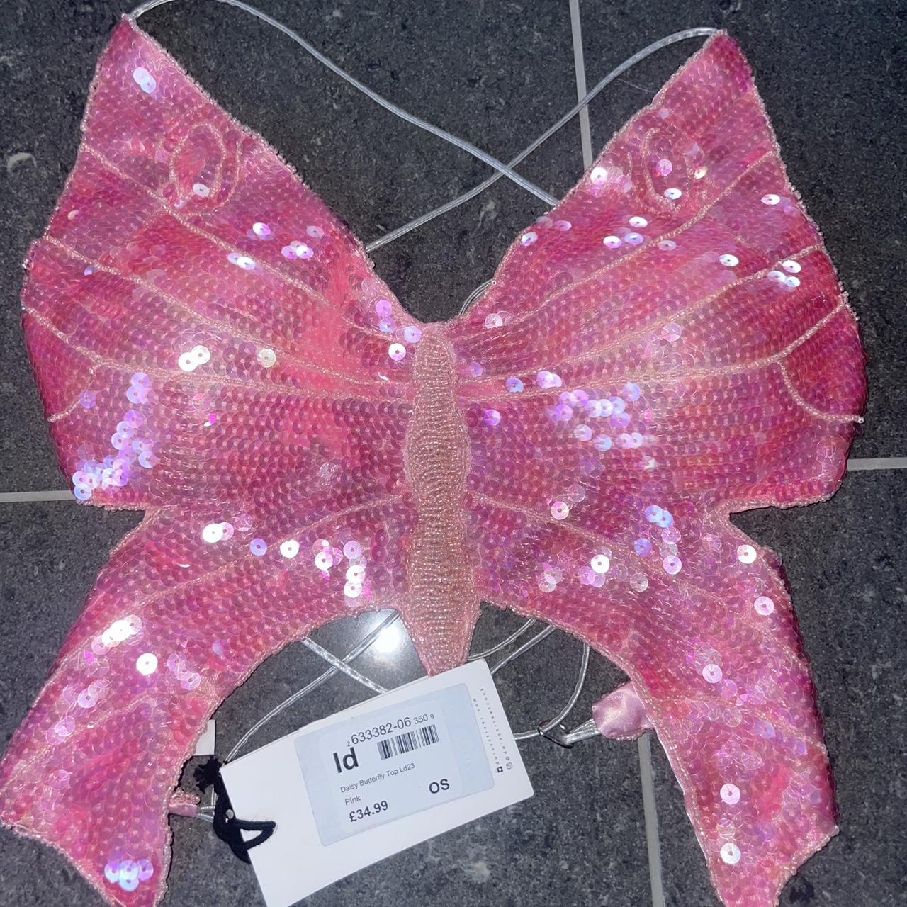 Pink sequin butterfly crop top that ties up on the... - Depop