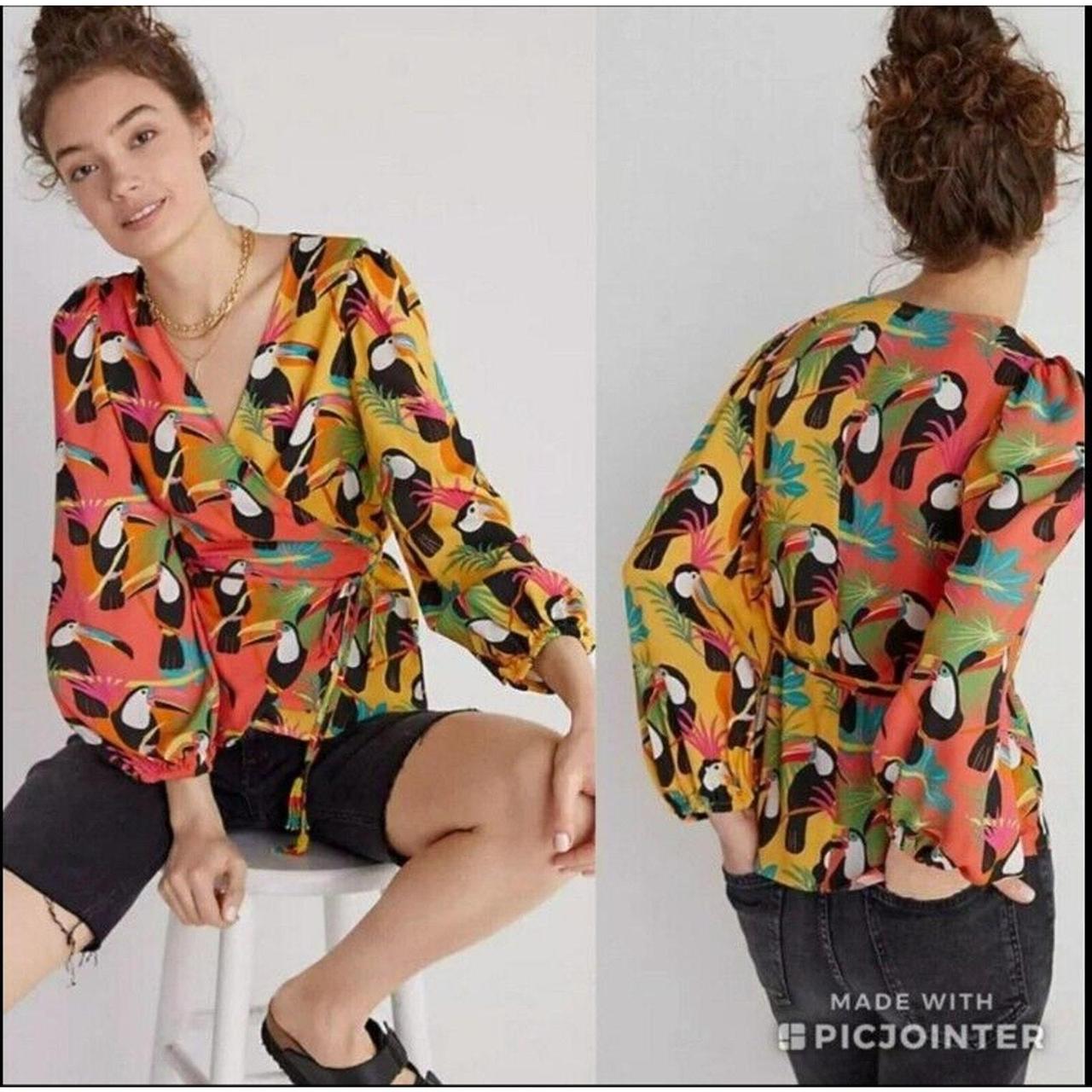 Farm Rio Anthropologie Rainforest Wrap Toucans Tropical Blouse outlets