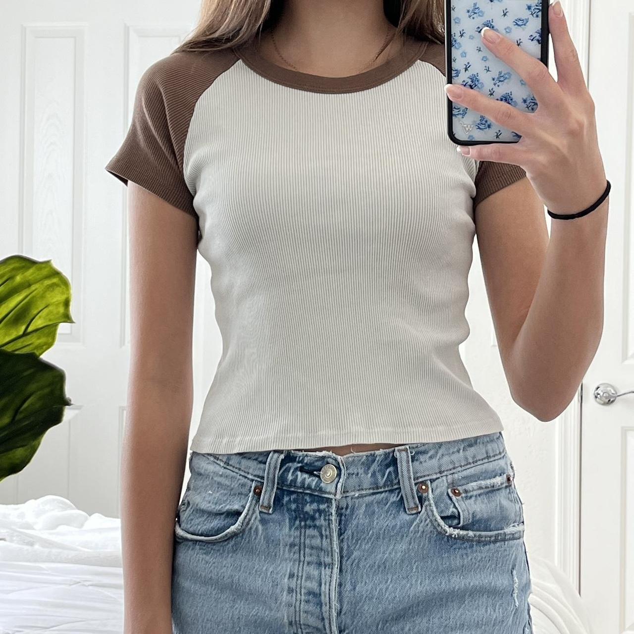 brandy melville bella top - brown/cream • stretchy... - Depop