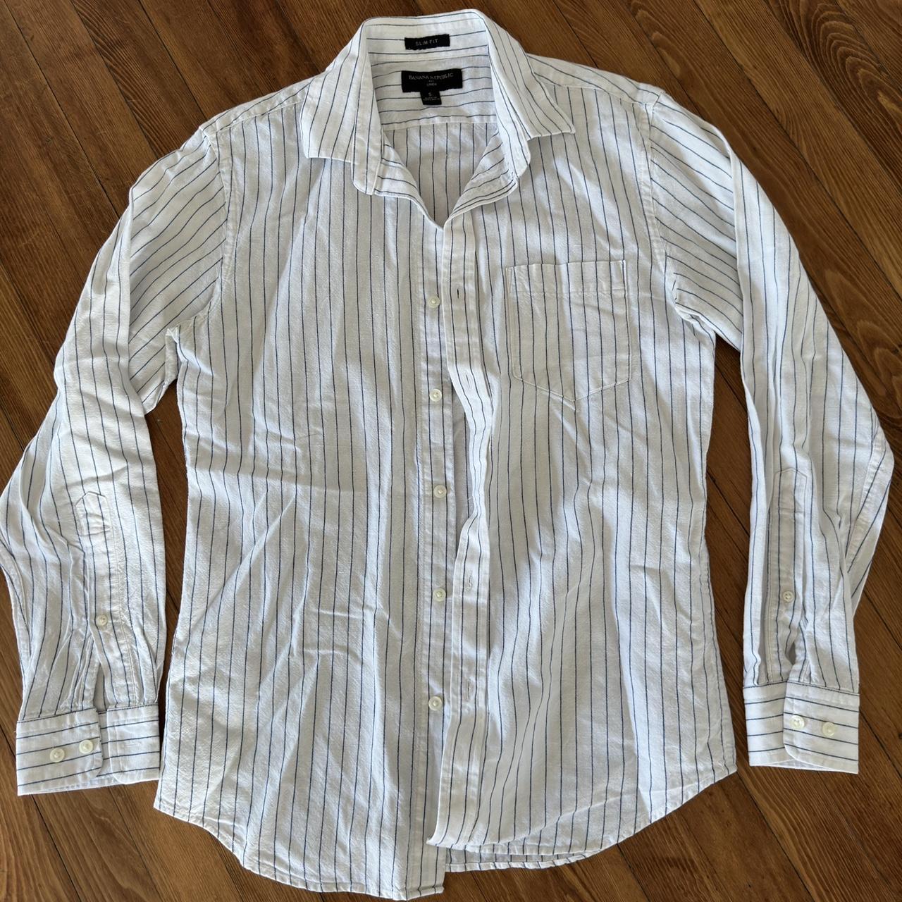 Banana republic white vertically navy striped linen... - Depop