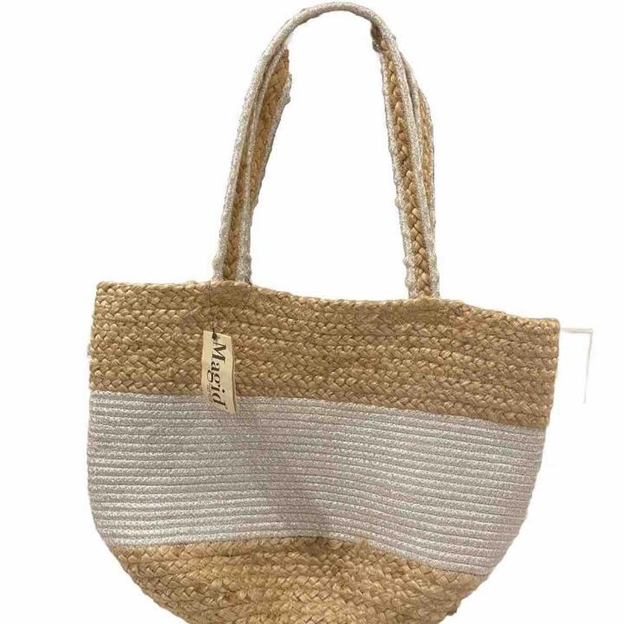 Madig Bags Natural/ Metalic Silver Jute Tote 12”... Depop