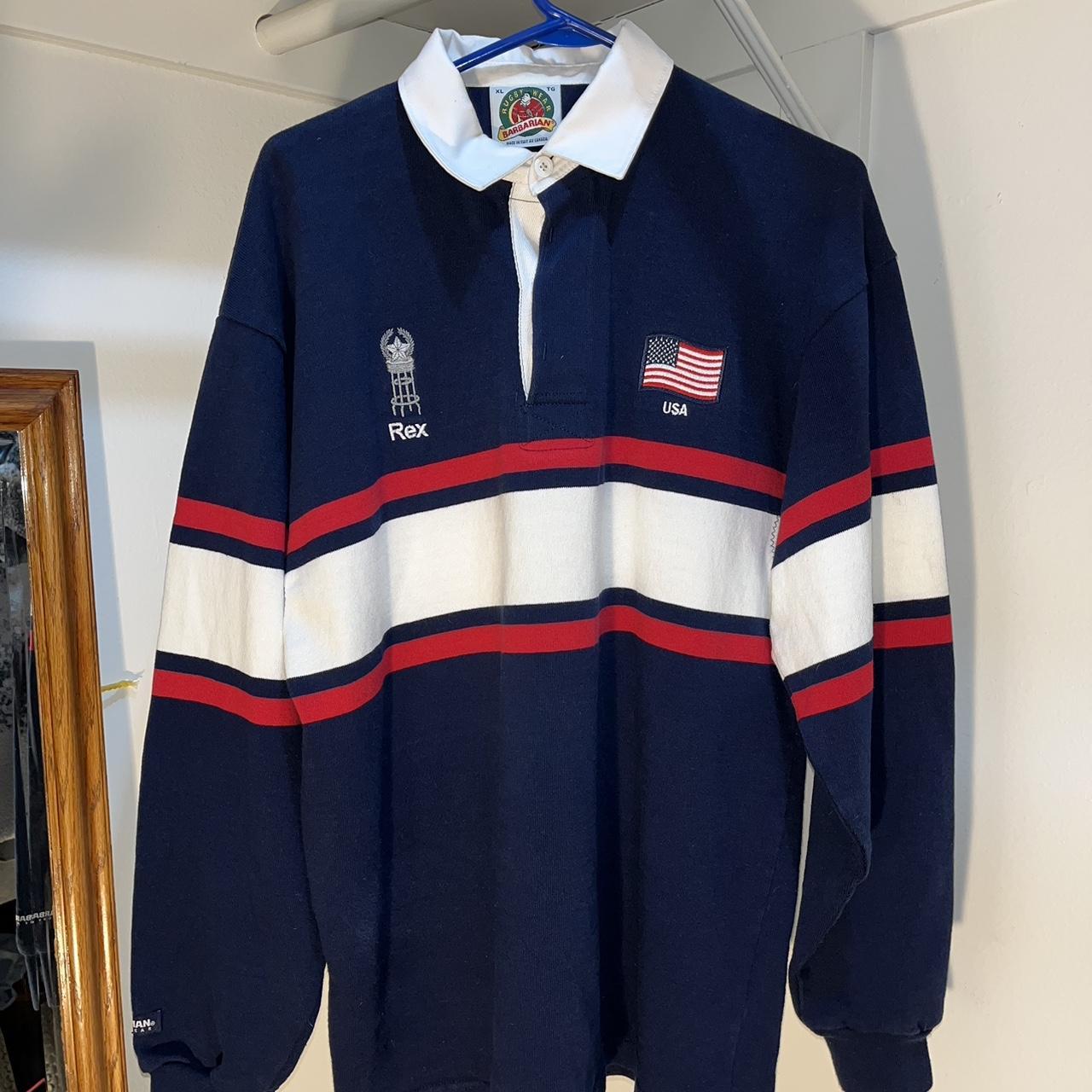 Barbarian Men's Blue and Red Poloshirts Depop