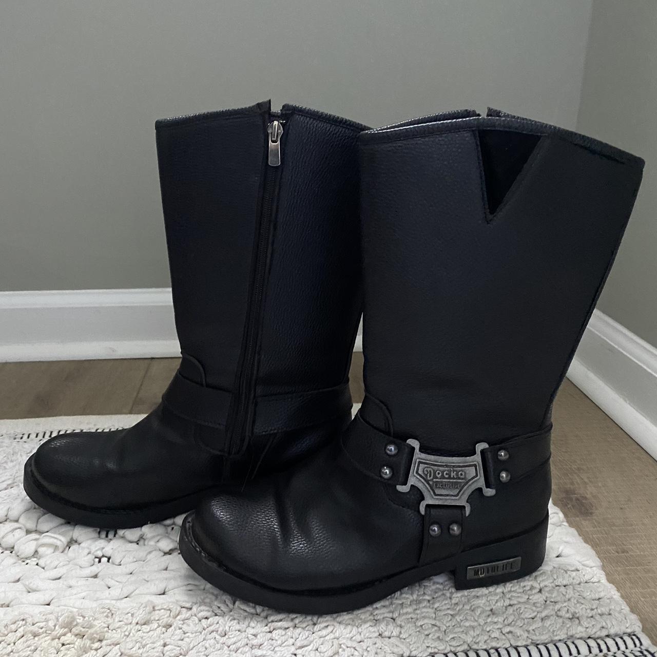 Black moto boots. Docka exclusive brand. Some wear... - Depop