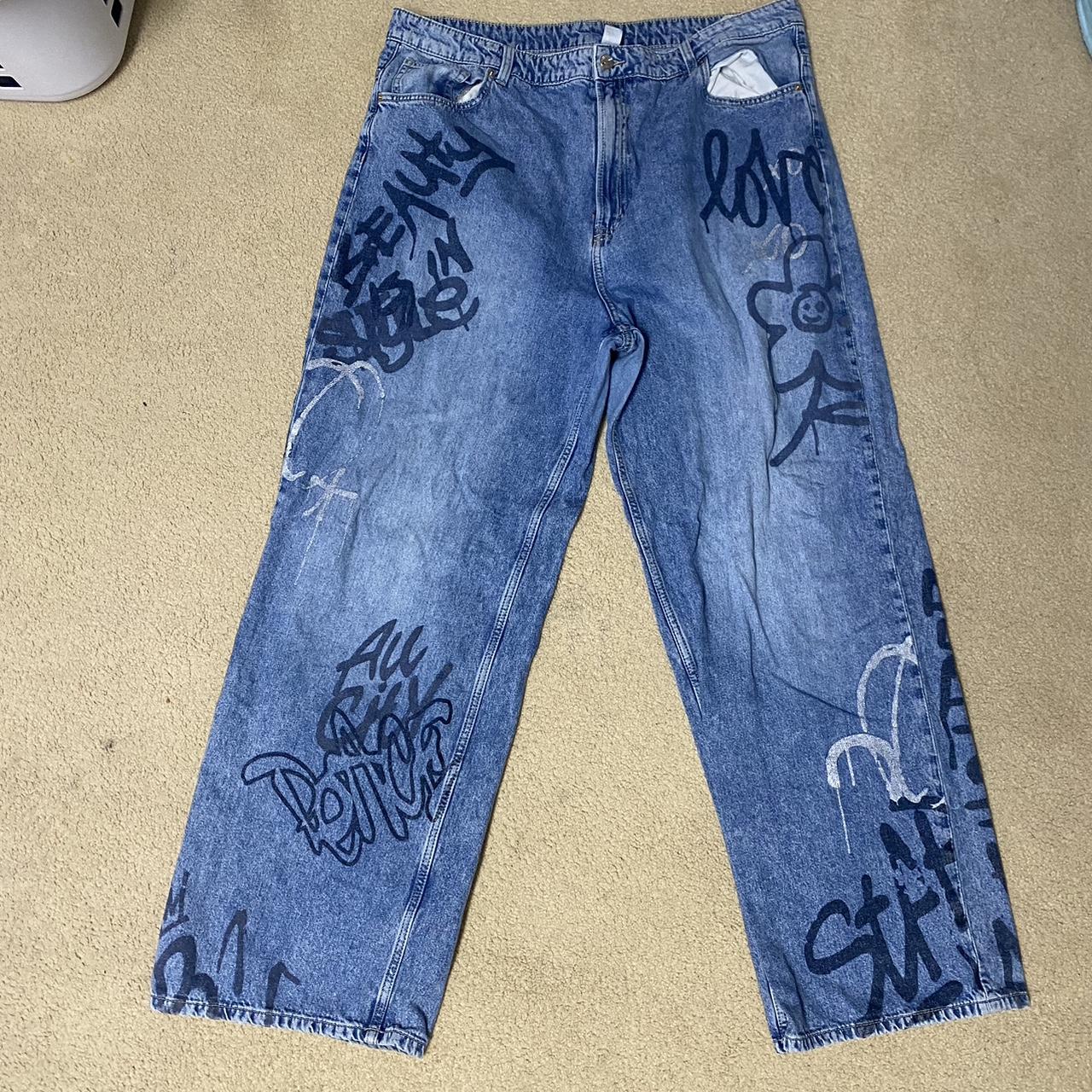 Vintage looking baggy 90s graffiti jeans with... - Depop