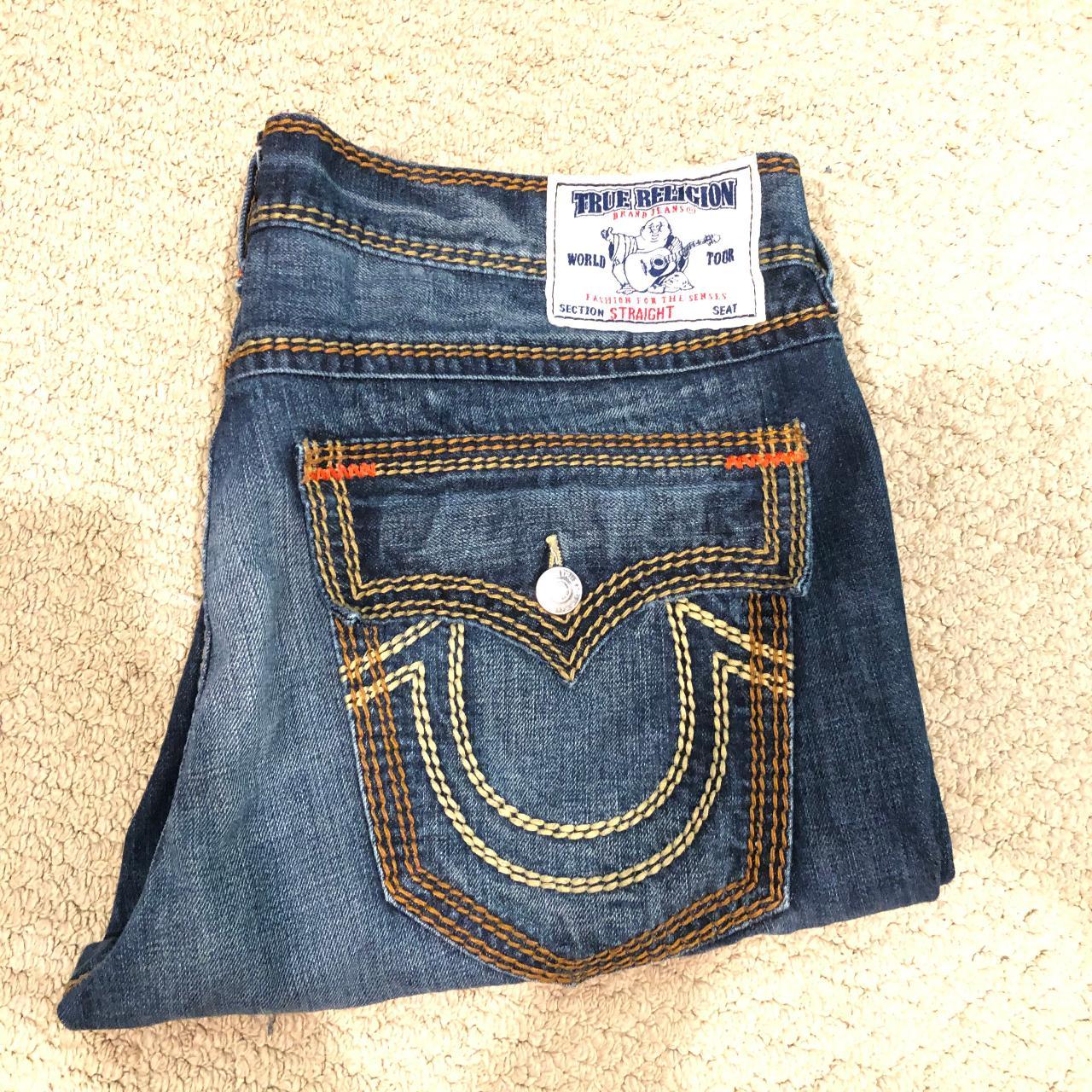 True Religion Jeans Distressed Orange Mega T stitch... - Depop