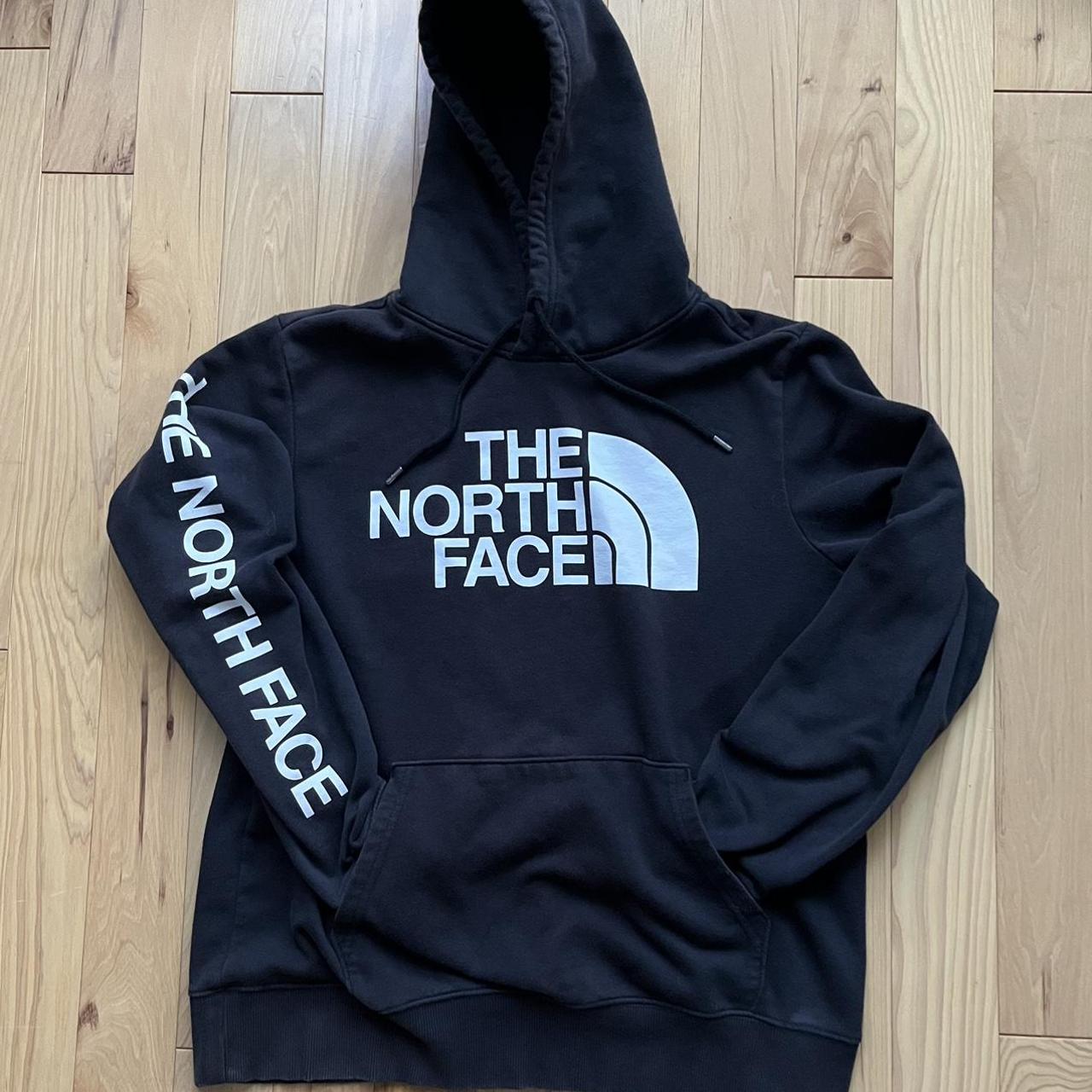 NorthFace Black Hoodie With NorthFace On Sleeve Size L - Depop