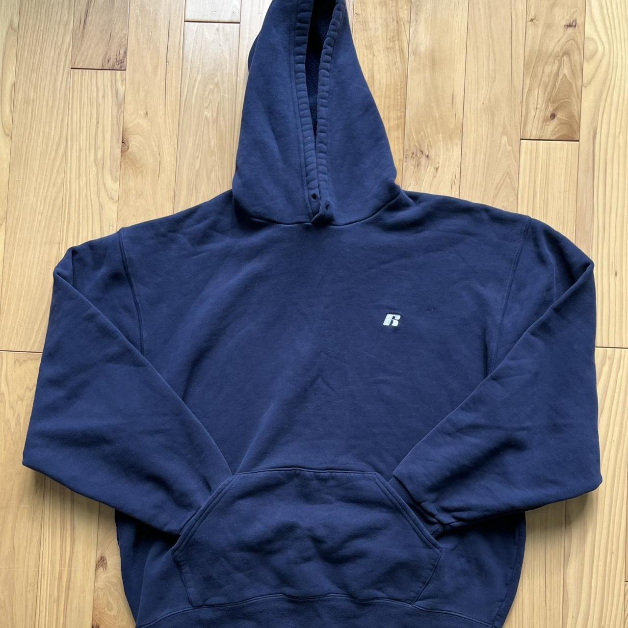 Russell Pro Cotton Blue Hoodie Size L Small Stain On... - Depop