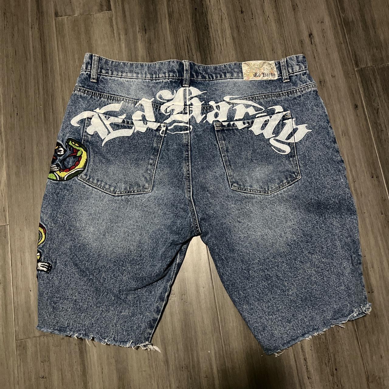 38 waist fire embroidered ed hardy jorts 100%... - Depop