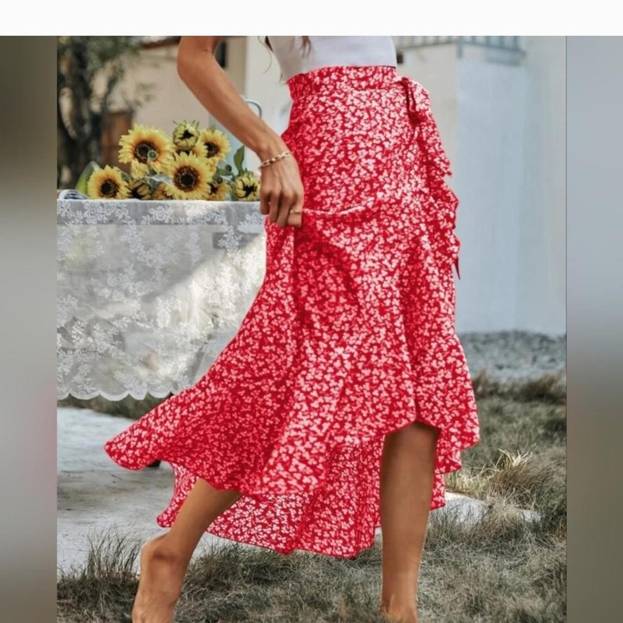 Faux wrap dress Floral Red and white Ruffle detail - Depop