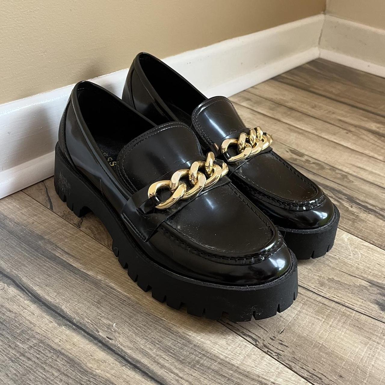 Guess Women's Black and Gold Loafers | Depop