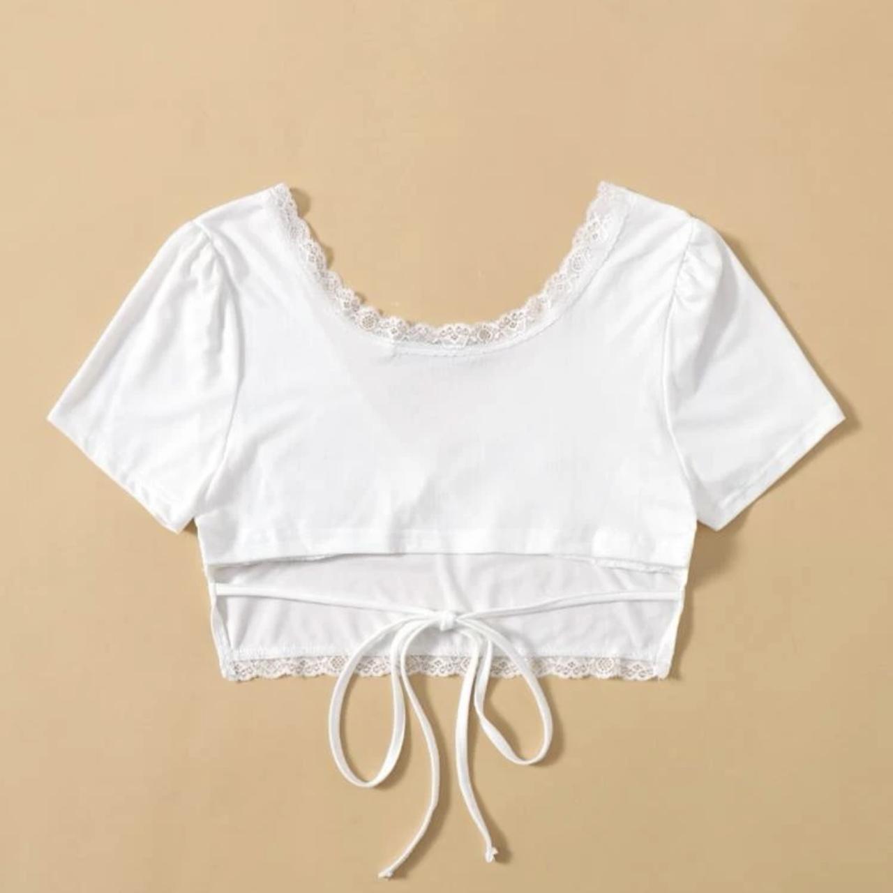 White lace trim crop top, with tie strings. Never... - Depop