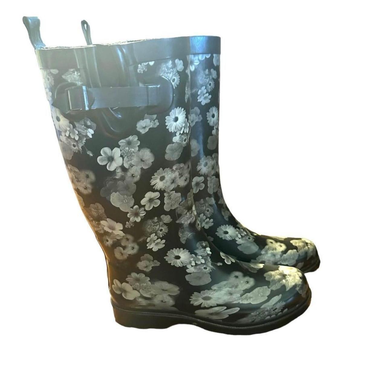 猫千代　0606 Capelli New York Rain Boots Women's 8 Black Floral | Depop