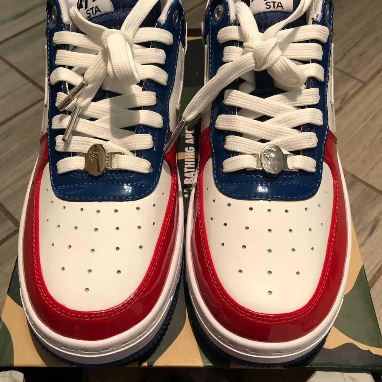 Bape Bapesta FS-001 Low Red Whire Blue Shoes Size... - Depop