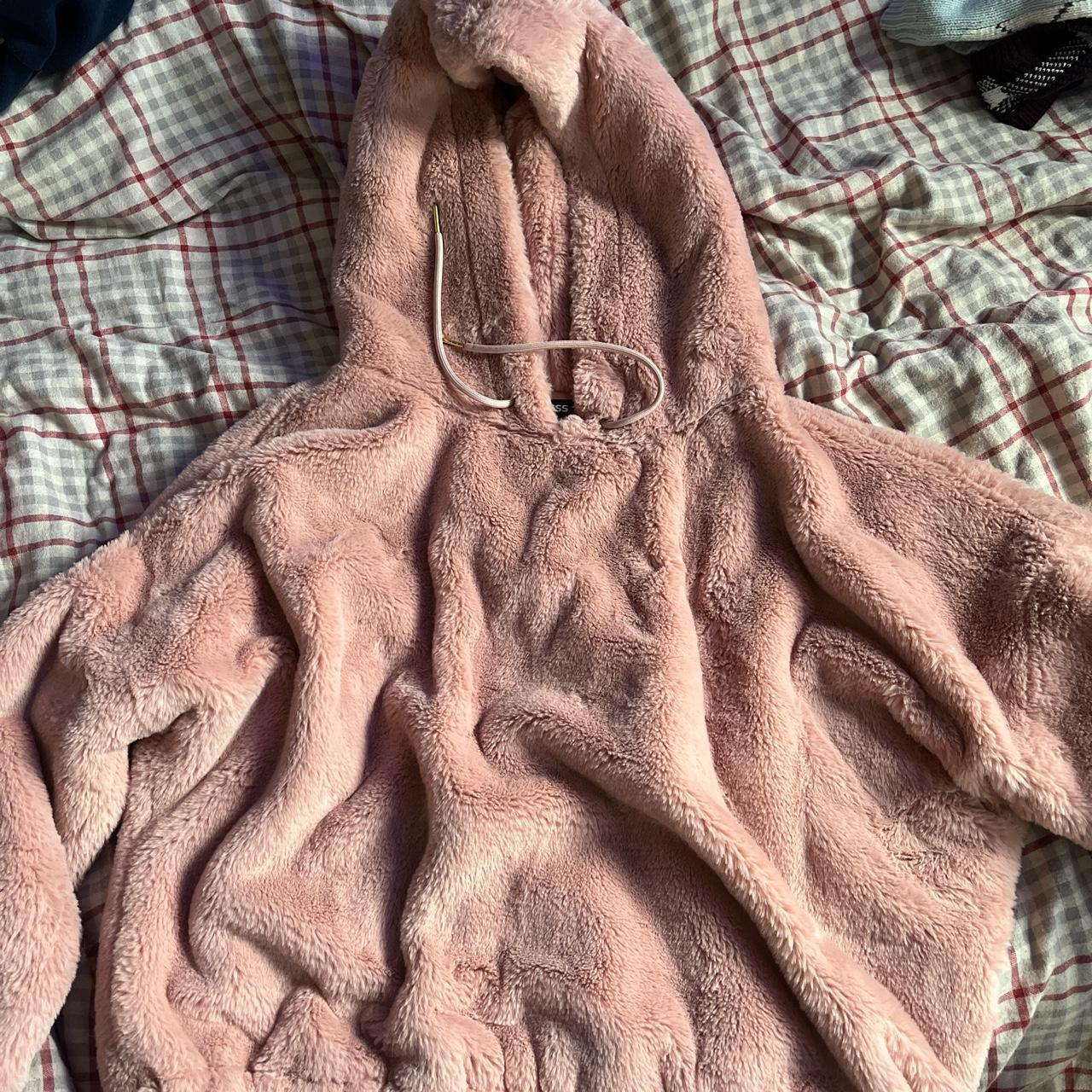 Pink fluffy bear hoodie with drawstrings, size... - Depop