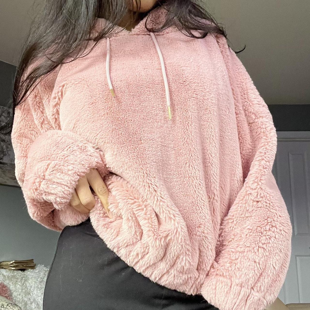 Pink fluffy bear hoodie with drawstrings, size... - Depop