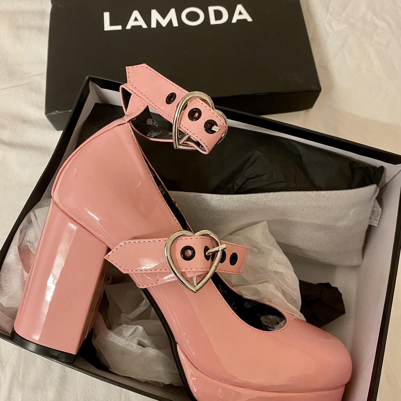 LAMODA dolls kill Pink chrome heart heels US 9 Not... - Depop