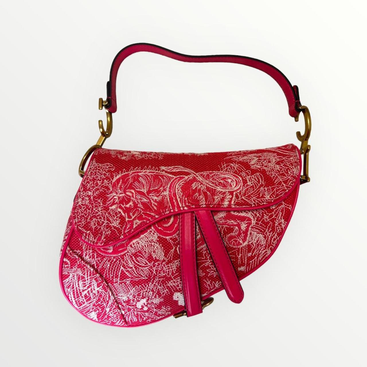 Dior Saddle Bag in cherry red with Toile de Jouy... - Depop