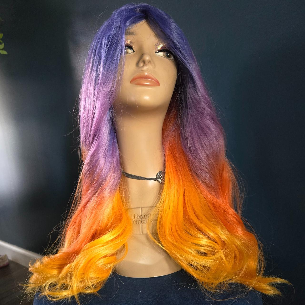 Orange to purple ombre sunset colored lace front wig... - Depop