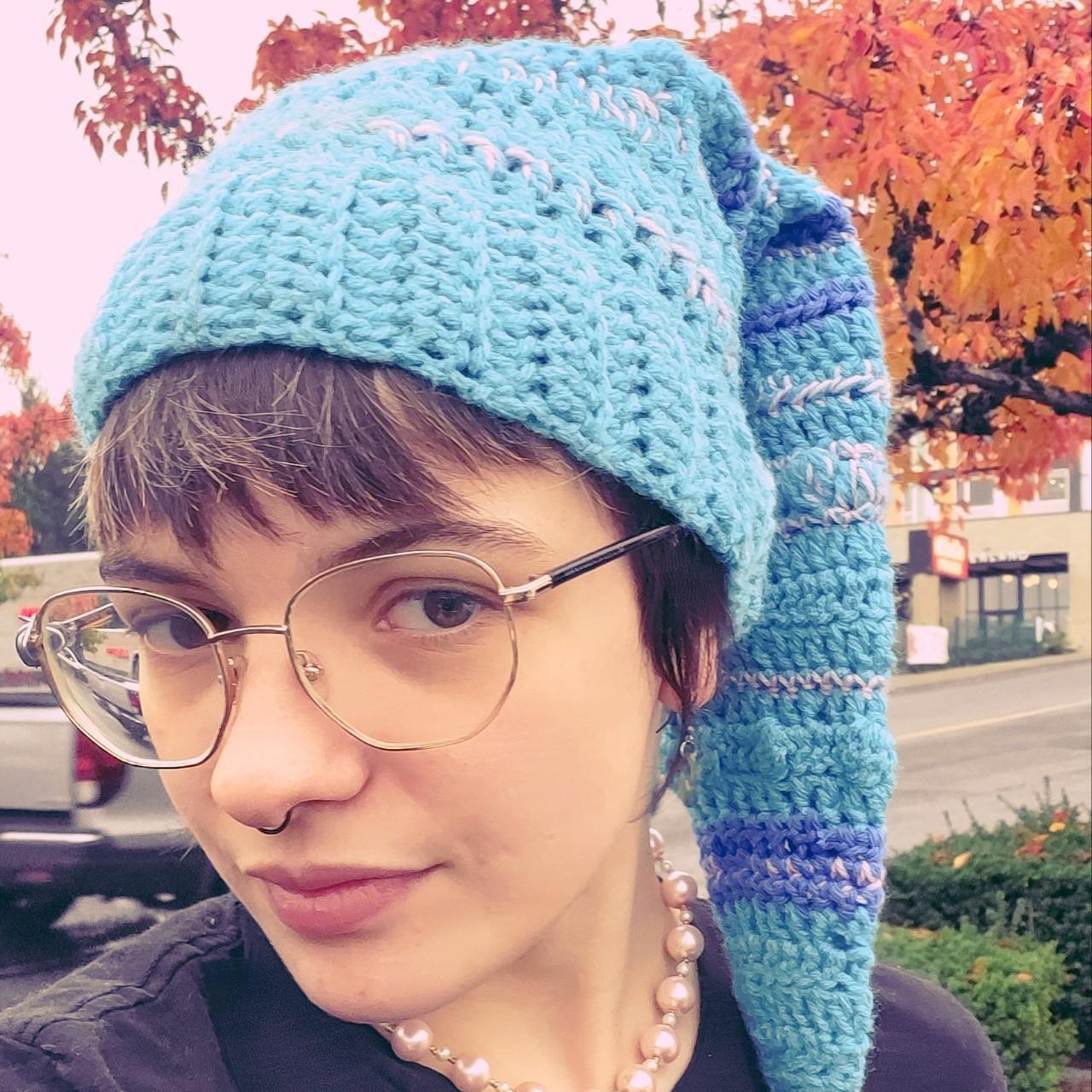 Blue Elf/Pixie Hat with light purple stripes and... - Depop