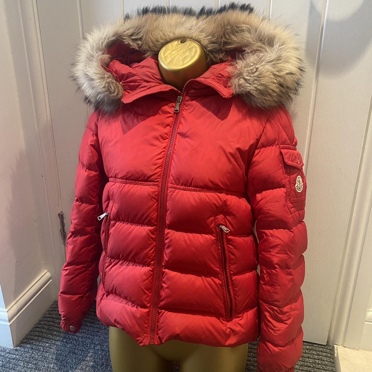 Red moncler coat fur hood sale