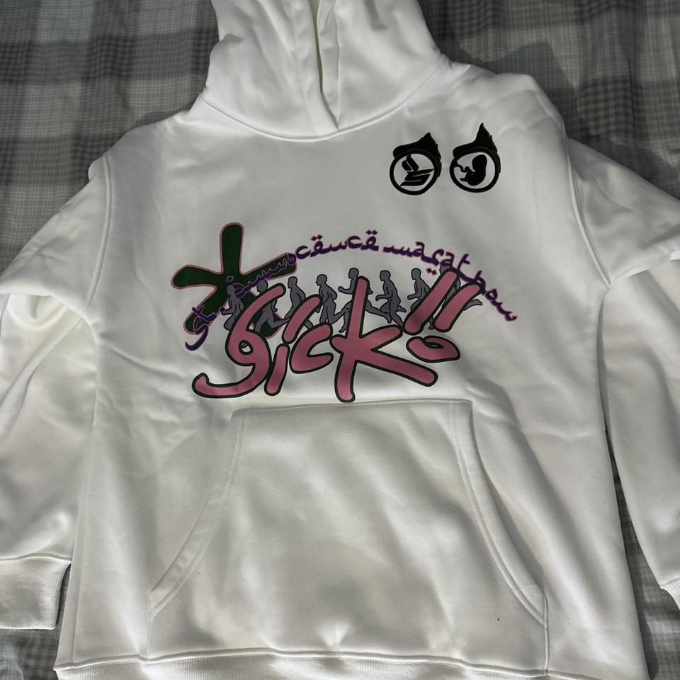 Ian Connor Sicko Hoodie Pink and White - Depop