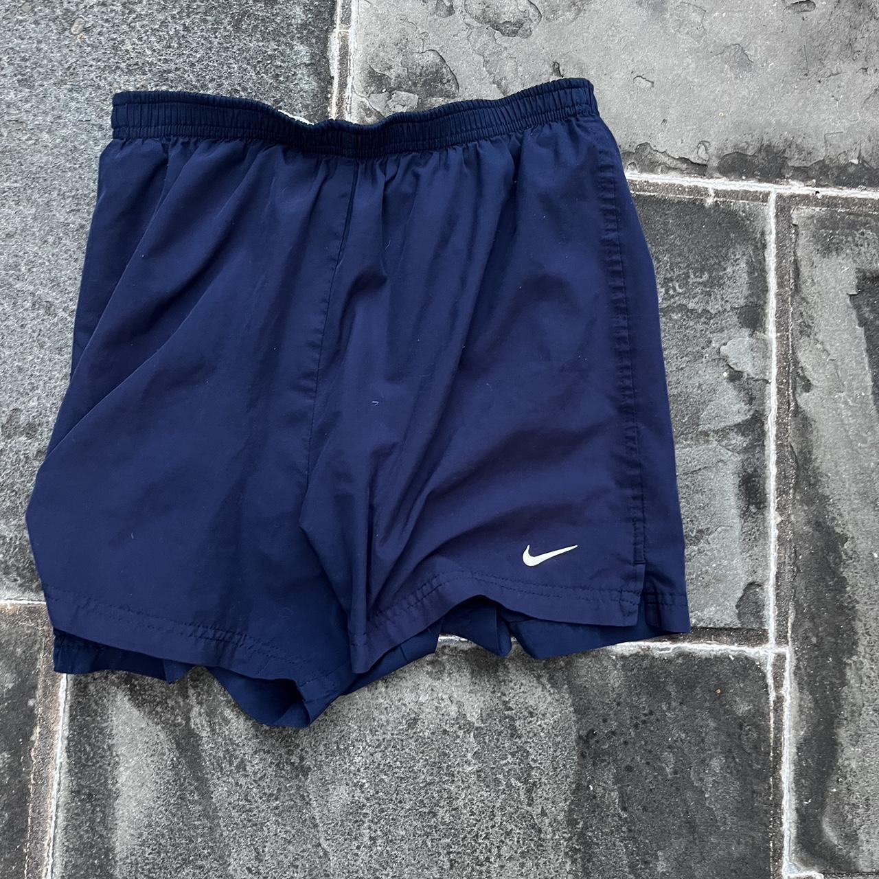 Vintage Nike solo swoosh shorts in navy blue 5 inch... - Depop