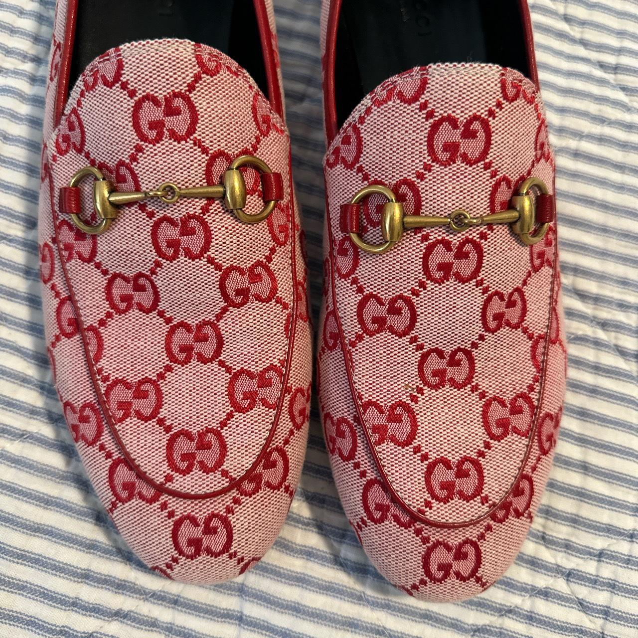 Gucci Red GG Canvas Jordaan Horsebit Loafers Size 39... Depop