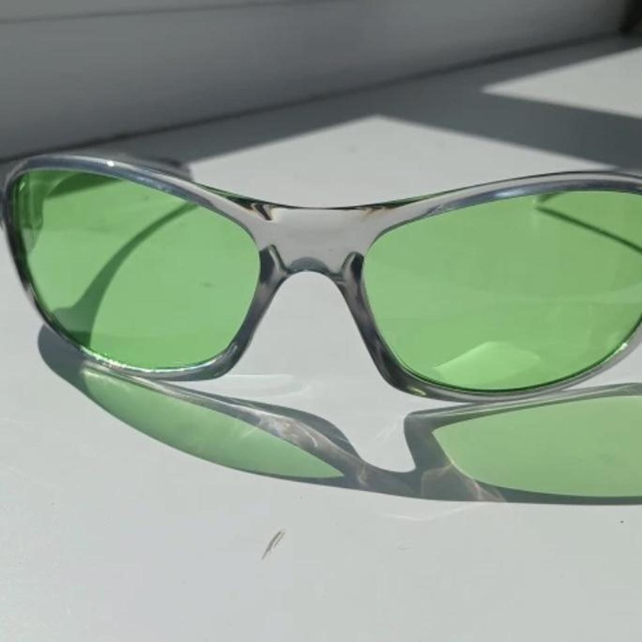 Silver and green sunglasses, Y2K style #sunglasses - Depop