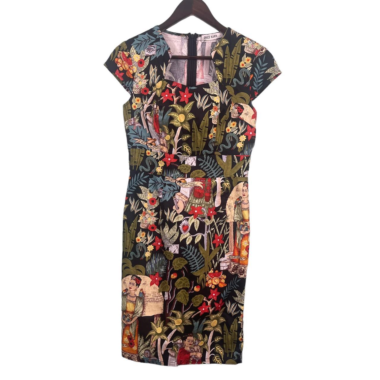 Grace Karin Frida Kahlo Floral Pencil Dress SZ Small... - Depop