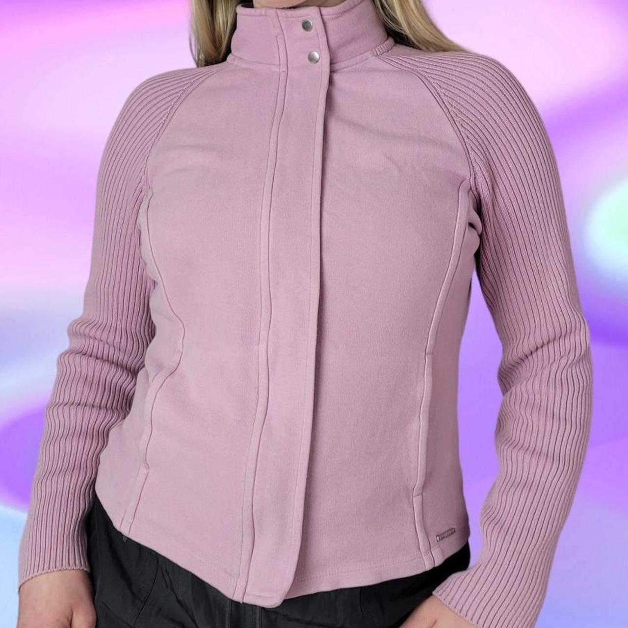 Dusky pink zip up jacket with ribbed knitted sleeves... - Depop
