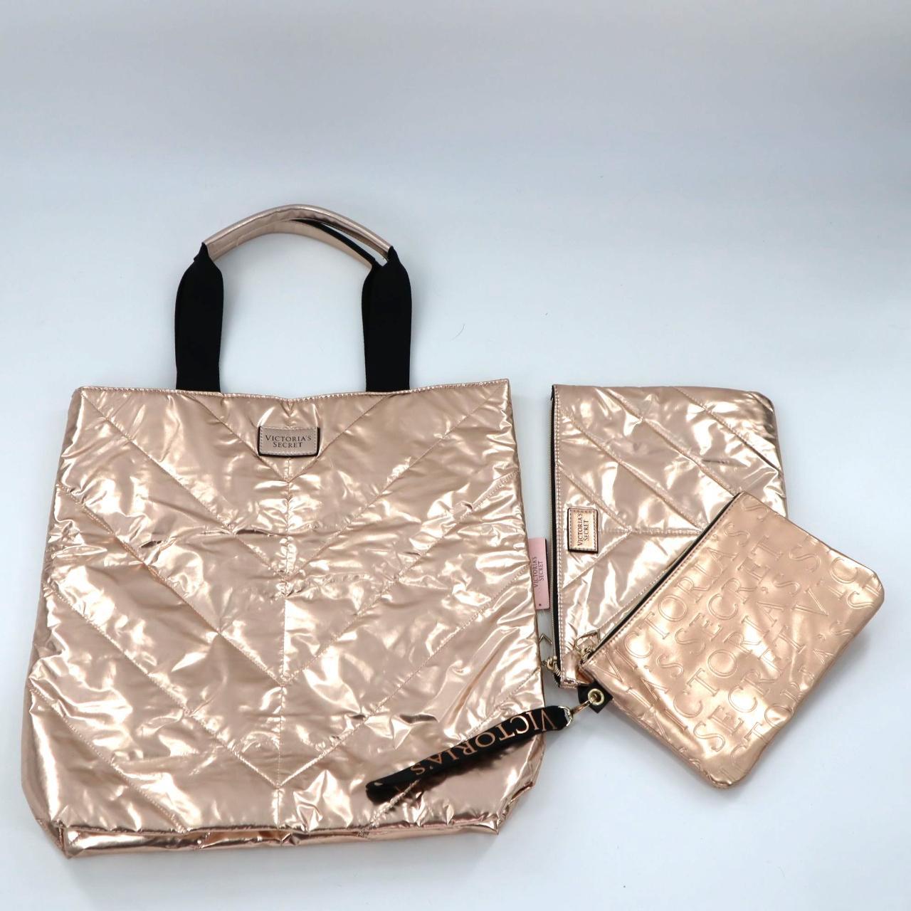 Victorias Secret Rose Gold Metallic 3 Piece Tote Bag - Depop
