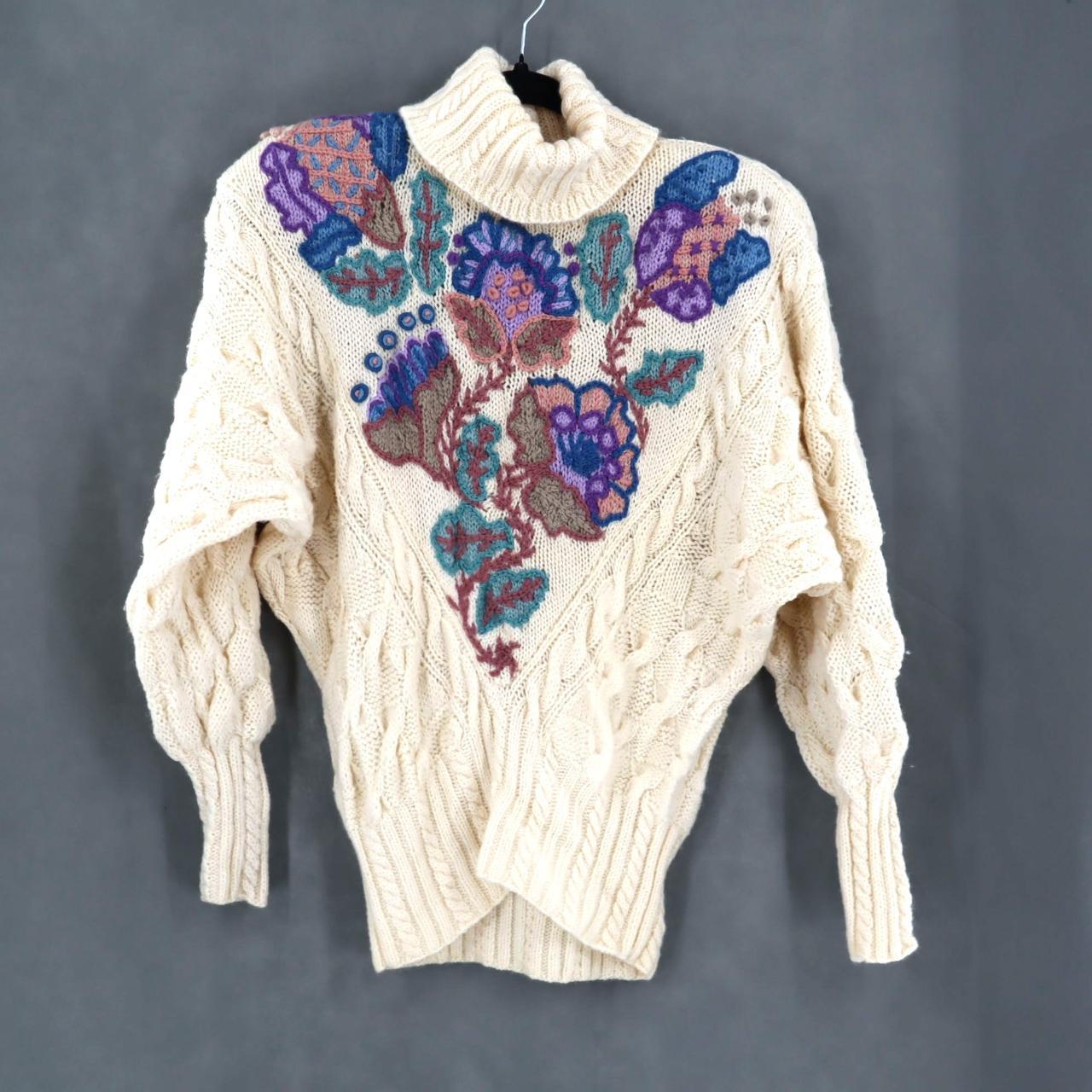 VTG SSG by Catharine Lover Wool Hand Embroidered Floral Sweater Cream Sz M outlet