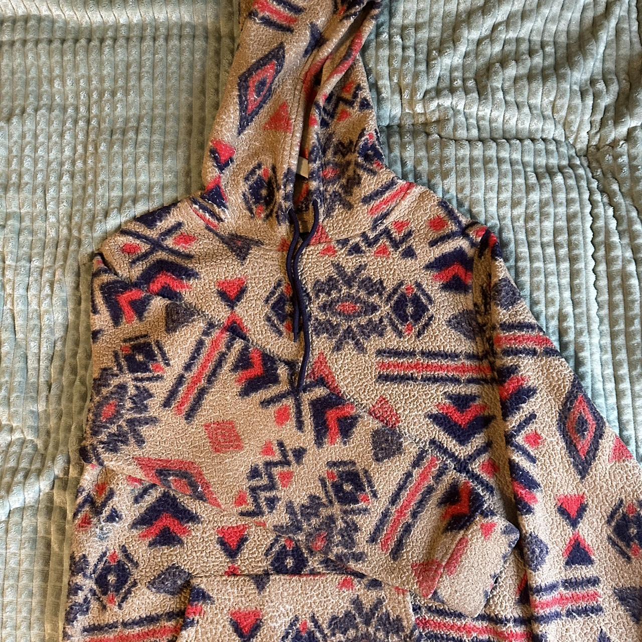 Fleece, tribal patterned hoodie, size large, gently - Depop