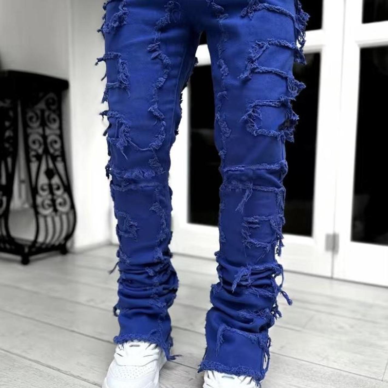 blue stacked jeans. - Depop